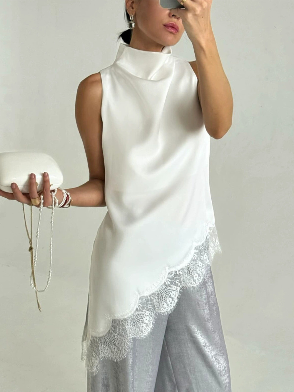 ZARA Womens Lace Trim High Neck Satin Asymmetric Sleeveless Tank Top Summer